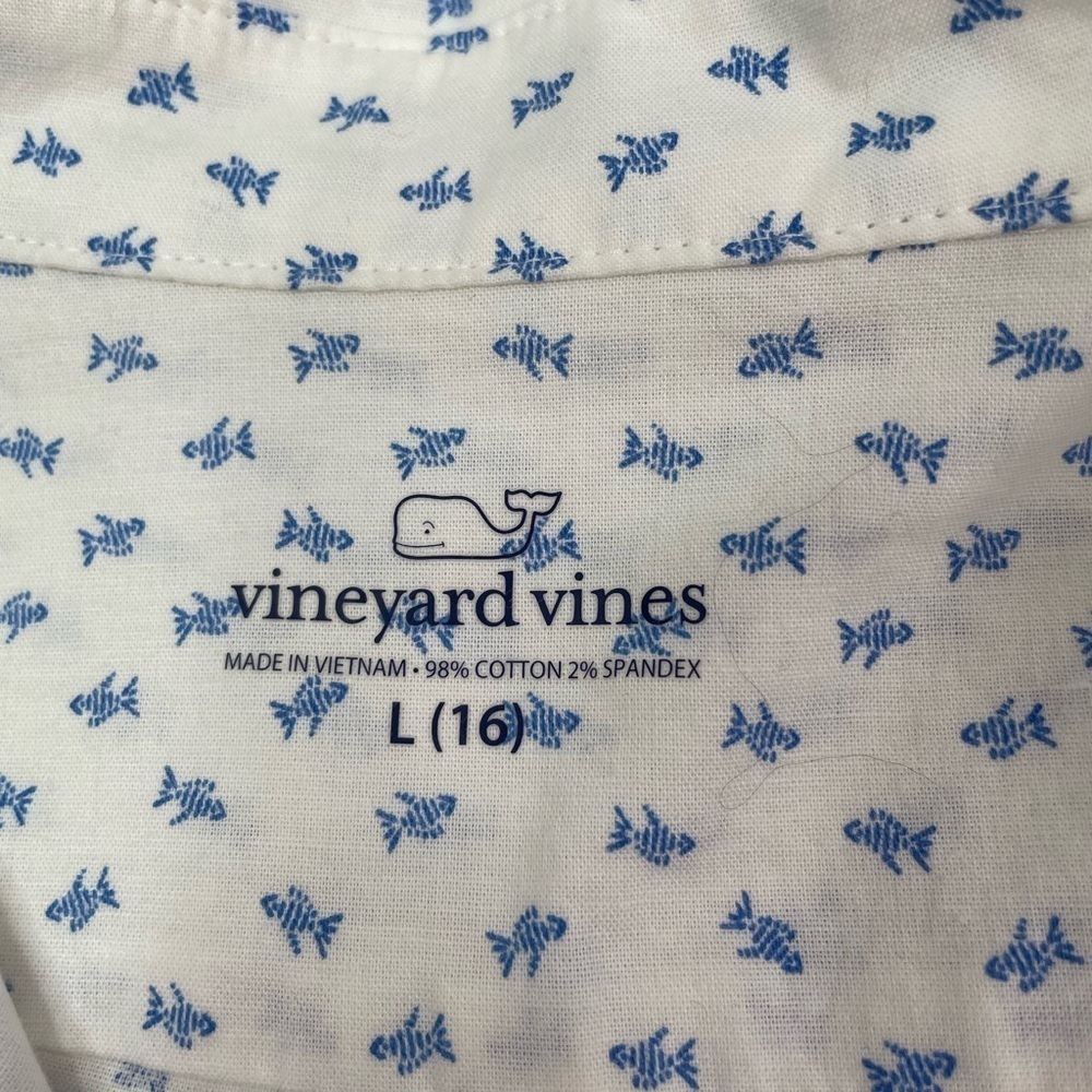 Vineyard Vines Stretch Cotton Micfish White and Bkue Shirt Size Large - Picture 4 of 7